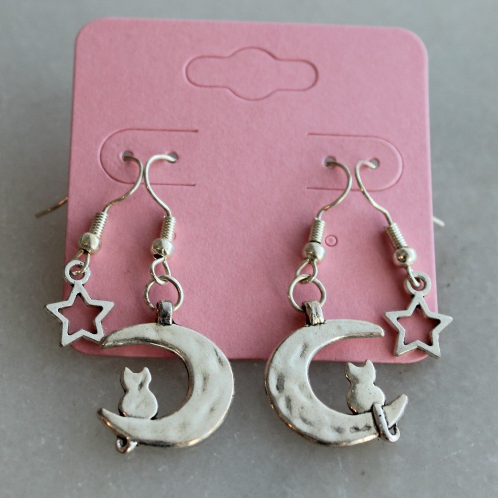 2 Pair Cat Moon Stars Dangle Earrings Silver Tone Handmade Brand New